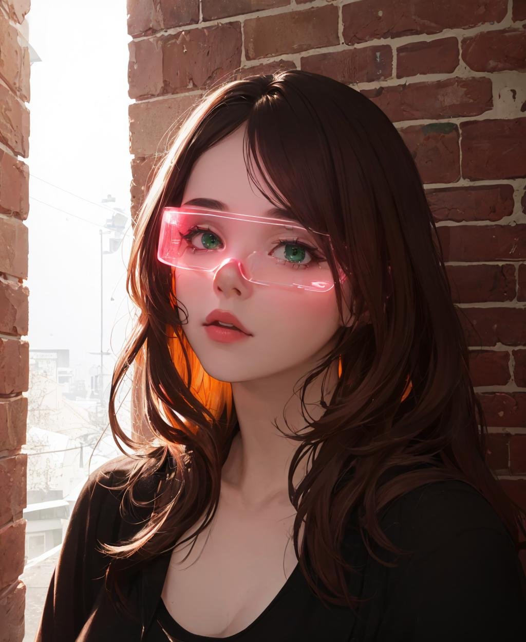 1girl, cyber_glasses, glowing, upper body, <lora:cyber_glasses-07:0.65>, dark lighting, (dithering:1.3), (Random:1.3), layered hair, chestnut hair, prominent eye shape, green eyes, medium breasts, korean girl look, modern loft apartment with exposed brick, (masterpiece, best quality, absurdres, detailed, ultra-detailed:1.3), attractive, (ultra realistic, sharp focus:1.3)