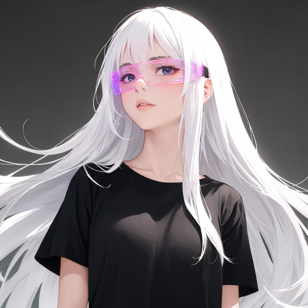 cyber glasses, 1girl, long hair, white hair, shirt, black shirt, upper body, <lora:cyber_glasses-07:0.65>