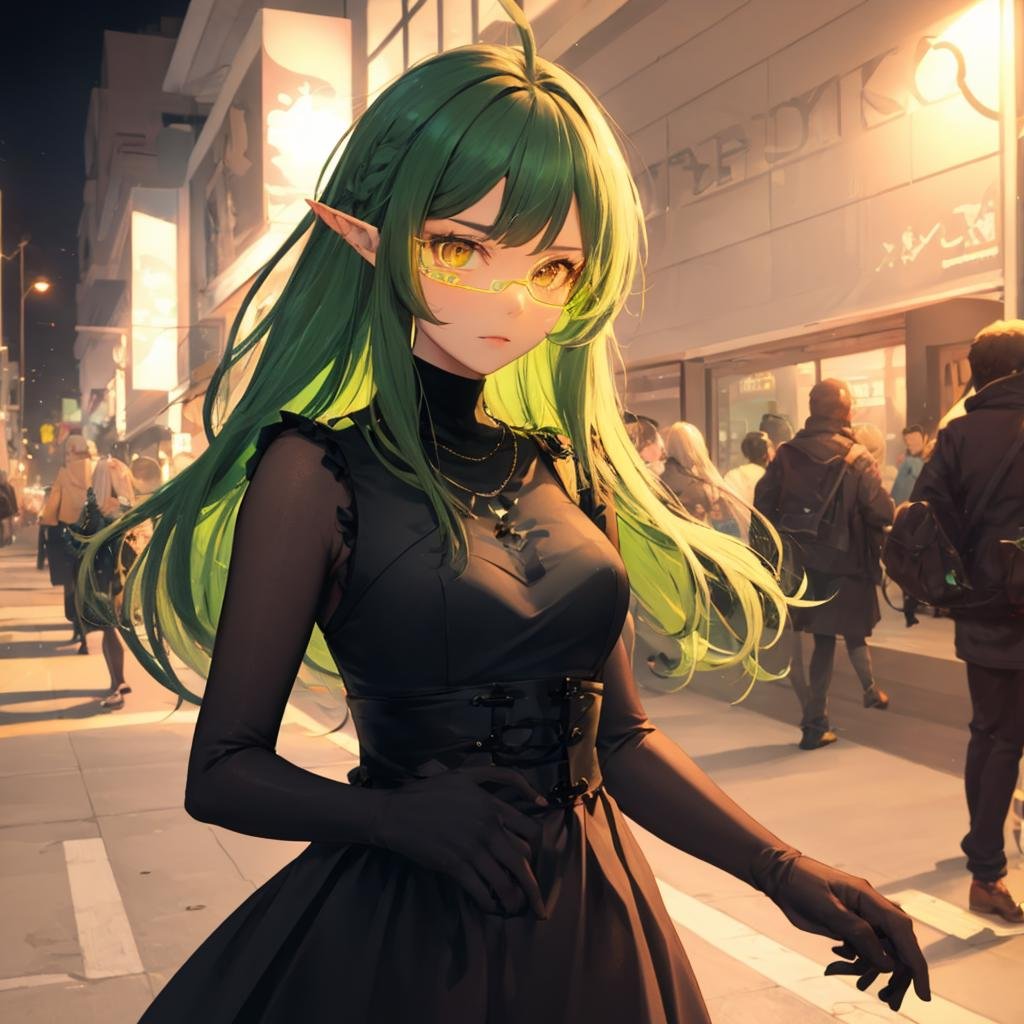 cyber glasses, gavial, green hair, yellow eyes, pointy ears, upper body, solo, <lora:cyber_glasses-07:0.65>, <lora:Gavial-04:1>, (Random:1.1), midi dress with ruffles, black tights, and platform sandals