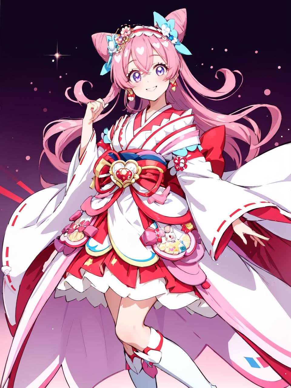 masterpiece, best quality, looking at viewer, depth of field, full body,1girl, <lora:locon_cure_precious_02-000028:0.9>, cure precious, two side up, cone hair bun, large hair ribbon, hairband, heart brooch, waist apron, white boots, earrings,kimono, japanese clothes, nontraditional miko,smile, (gradient background), lens flare,