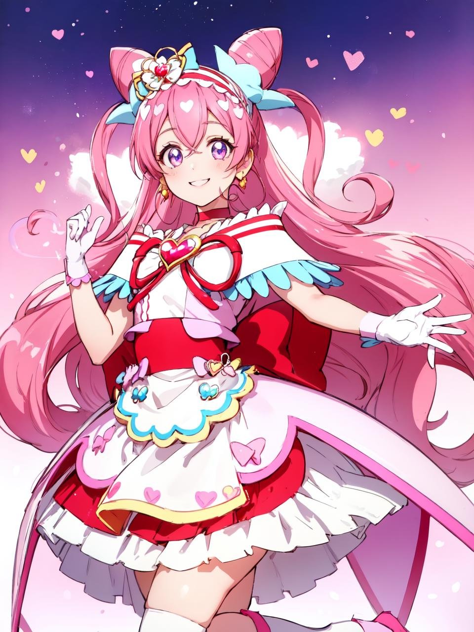 masterpiece, best quality, looking at viewer, depth of field, full body,1girl, <lora:locon_cure_precious_03:0.85>, cure precious, two side up, cone hair bun, large hair ribbon, hairband, heart brooch, waist apron, white gloves, white boots, earrings,smile, (gradient background), lens flare,