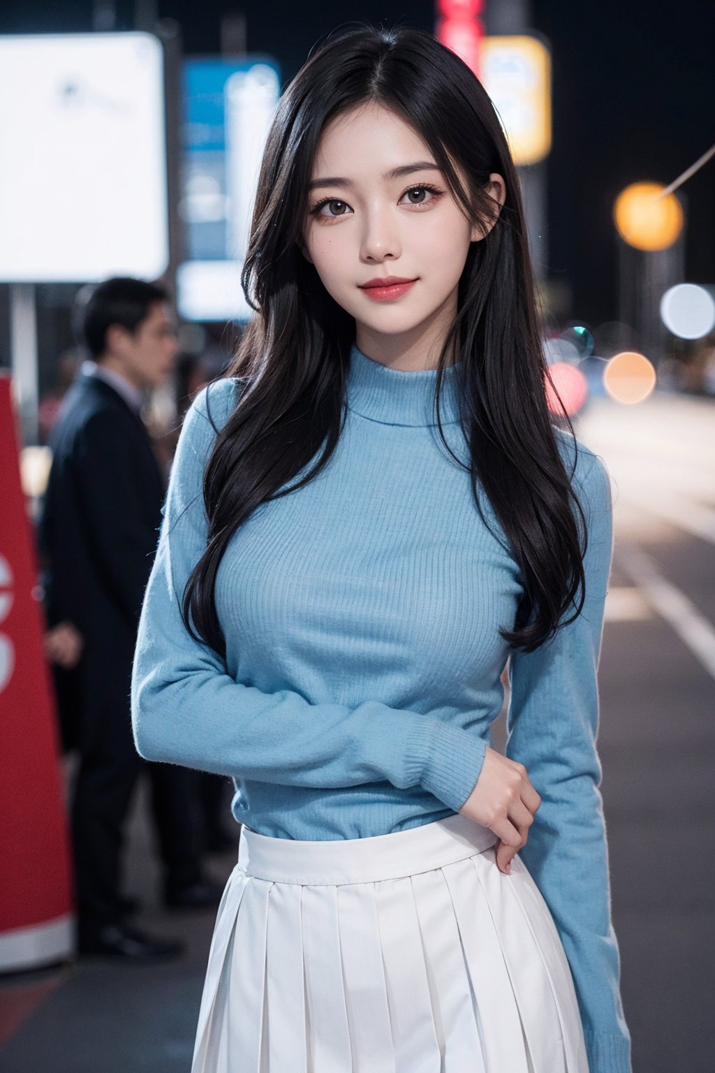 best quality,8K,HDR,highres,absurdres:1.2,blurry background,bokeh:1.2,Photography,(RAW photo:1.2),(photorealistic:1.4),(masterpiece:1.3),(intricate details:1.2),1girl,solo,japanese girl,delicate,beautiful detailed,(detailed eyes),(detailed facial features),petite,beautiful and clear eyes,detail eye pupil,(((medium breasts))),skin tight,(looking_at_viewer),from_front,(skinny),(best quality:1.4),(ultra highres:1.2),cinema light,(extreme detailed illustration),(lipgloss, best quality, ultra highres, depth of field, caustics, Broad lighting, natural shading, 85mm, f/1.4, ISO 200, 1/160s:0.75),1girl,solo,((smile)),(((slim body))),upper body,(((blue OL outfit, white pleated skirt))),standing,(pureerosface_v1:0.5),Tokyo street,night,cityscape,city lights,close up,