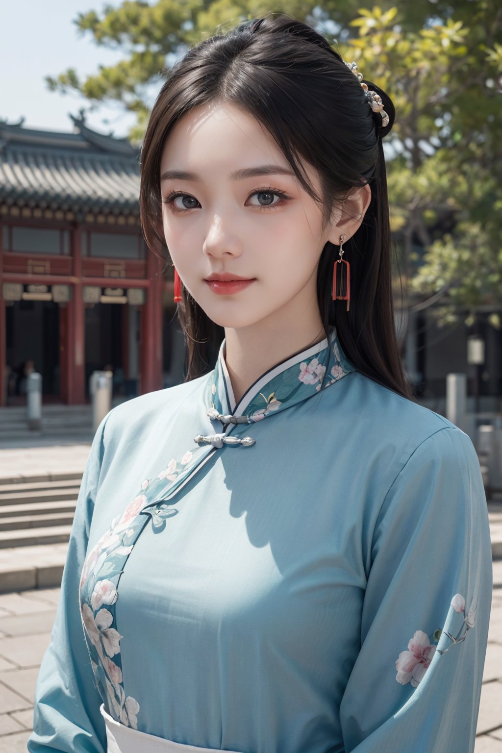 (best quality, masterpiece, 8K, ultra high res, realistic:1.3),(Beautiful and detailed face:1.2),(upper body:1.2),1girl,solo,looking at viewer,big eyes,small breasts,slim body,arms at sides,smile,(Extremely detailed chinese clothes:1.2),earrings,hairpin,necklace,architecture,east asian,riverside,forest,