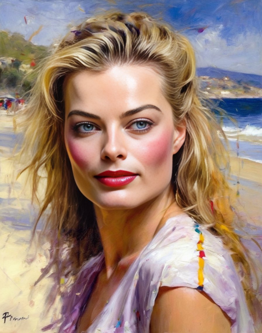 MargotRobbie, Woman, her colors are soft, gentle on the beach, by Pino Daeni<lora:MargotRobbieSDXL:1>