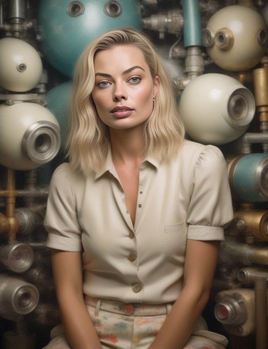 MargotRobbie, art by Hikari Shimoda, (art by Anna and Elena Balbusso:1.1) , photograph, Rickety well-built (Girl:1.1) , wearing Exceptional Contemporary Alabaster Low-rise pants, Noxious Wrinkles, Anxious Mechanical Arms, Cel shading, Amusing, film grain, film camera, L USM,  <lora:MargotRobbieSDXL:1>