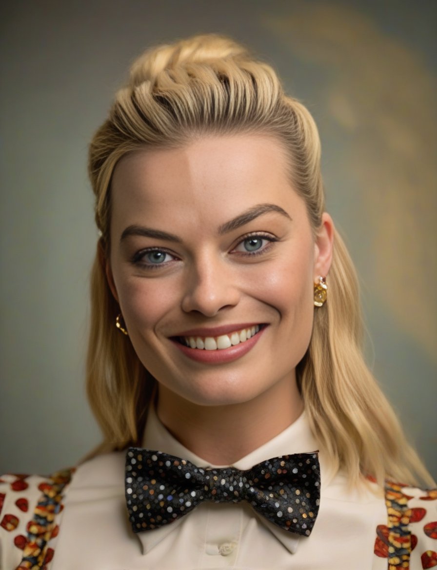 MargotRobbie, photograph, Female, Artist, Bowtie, Happy, Naive Art, Nikon Z9, 800mm lens, Kodachrome,  <lora:MargotRobbieSDXL:1>