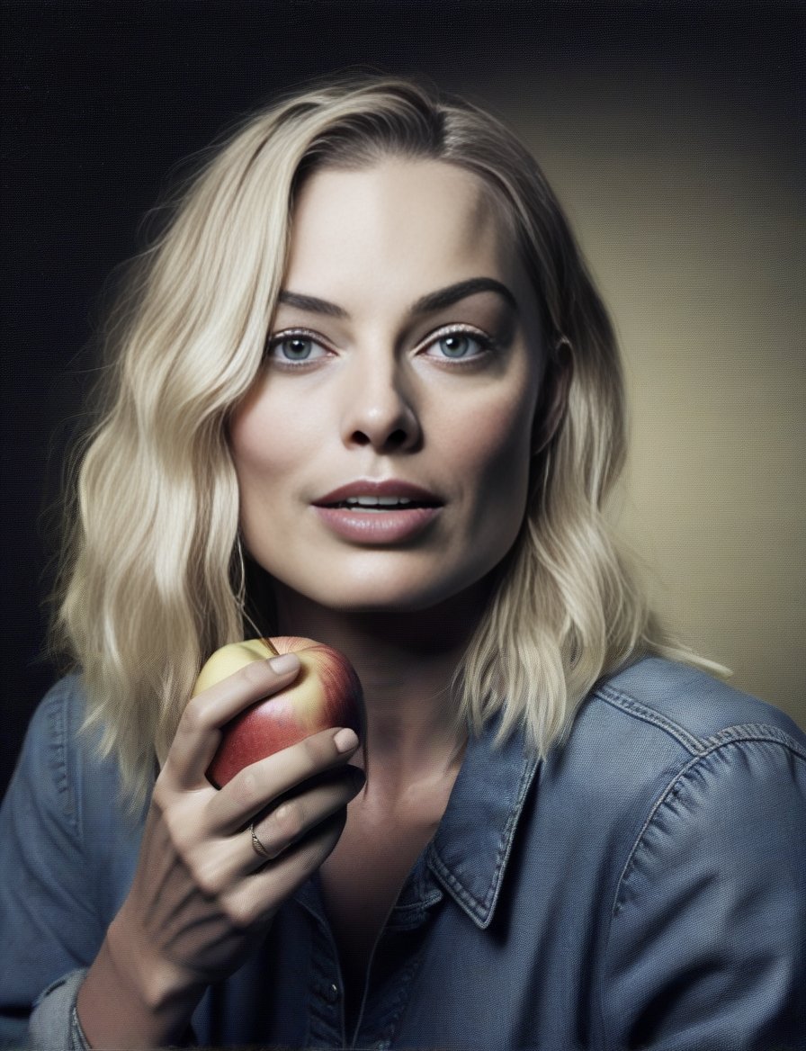 MargotRobbie, (art by David Malkin:0.8) , photograph, Biophilic Woman eating Apple, deep focus, Simple illustration, Relaxed, Moonlight, film grain, Kodak gold 200, F/5, two colors, Folded Denim, lots of details,  <lora:MargotRobbieSDXL:1>