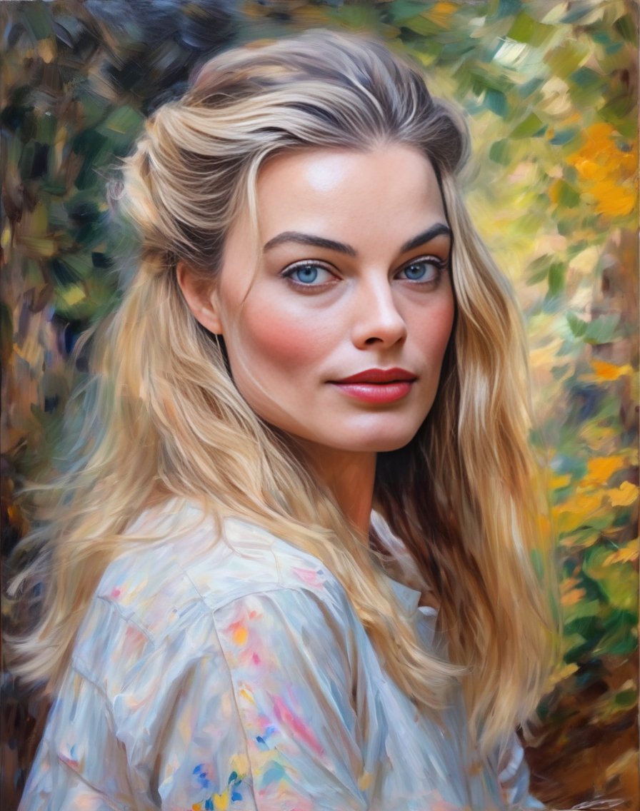 MargotRobbie,(Impressionist portrait:1.2), textured paint strokes, (Konstantin Razumov's style), (Pierre-Auguste Renoir's influence), (detailed and realistic features:1.3), fine art approach, (fantasy art elements), (concept art:1.1), (hyper-detailed hyperrealism:1.25), portraying beauty, ethereal ambiance, twilight scene, (Wlop's influence), capturing a dreamlike quality <lora:MargotRobbieSDXL:1>