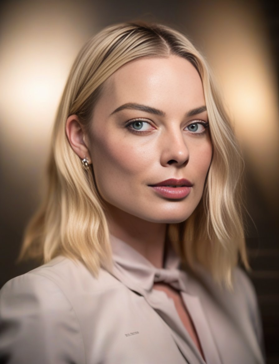 MargotRobbie, (art by Ayako Rokkaku:0.9) , photograph, Female, wearing suit designed by Facebook, Ethereal Lighting, film grain, Nikon d850, macro lens,  <lora:MargotRobbieSDXL:1>