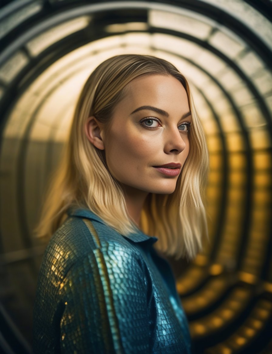 MargotRobbie, photograph, Golden ratio, Magical European (Woman:1.1) , Astronomer, wearing [Impeccable|Blue] [Scales:Jelly:17] Windbreaker, from inside of a Roller coaster, Fall, split diopter, waning light, film grain, Polaroid, F/14, anaglyph effect,  <lora:MargotRobbieSDXL:1>