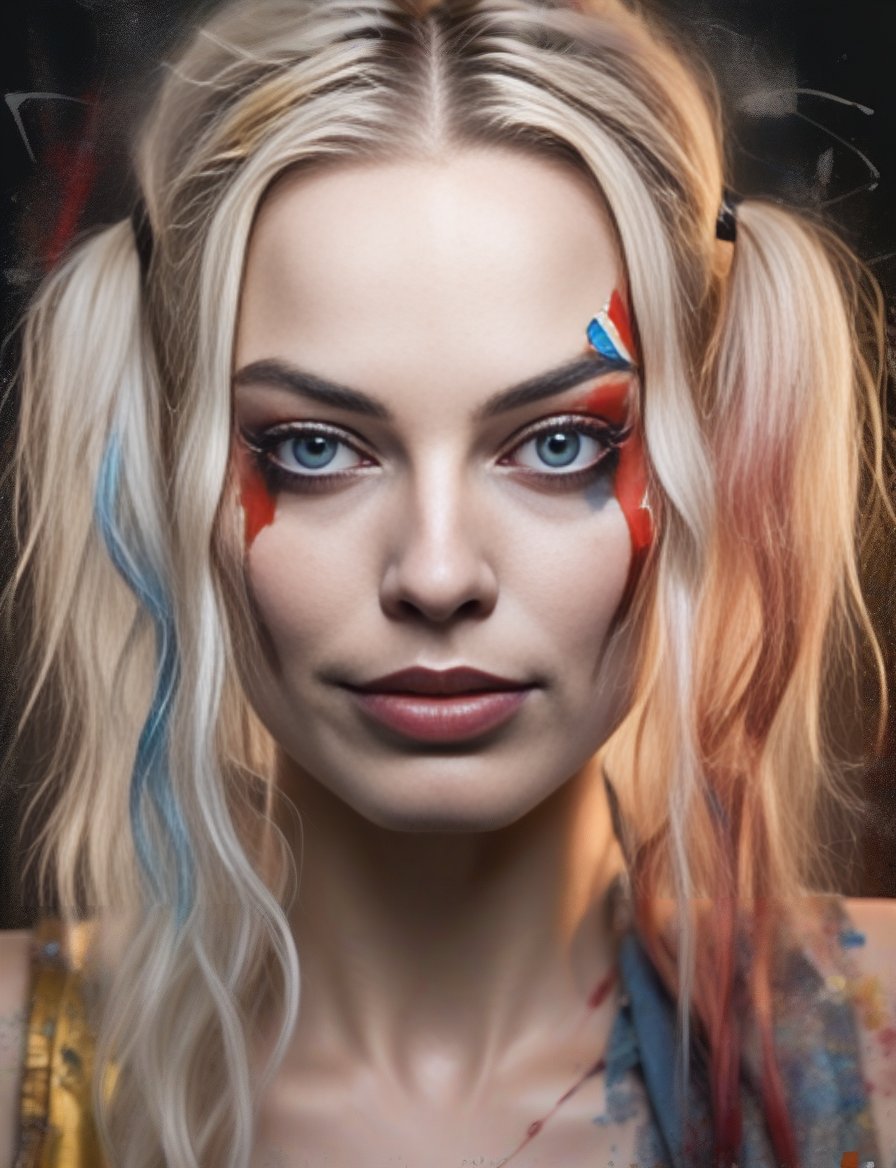 MargotRobbie,<lora:MargotRobbieSDXL:1>Head and shoulders portrait of Harley quinn, pale skin, 4K concept art by Carne Griffiths and Gustav Klimt ; smooth, realistic hyper-detailed