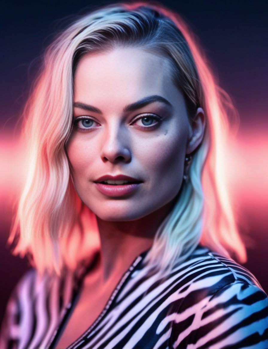 MargotRobbie, art by Jon J Muth, photograph, Cyberpunk slight Woman, zebra print smoke majestic, at Blue hour, Illustration, Indirect light, film grain, Samsung Galaxy, 80mm, Fujicolor,  <lora:MargotRobbieSDXL:1>