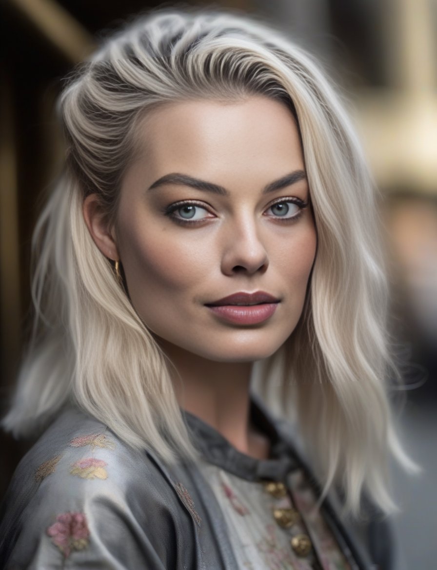 MargotRobbie, art by Ed Binkley, photograph, Street level shot of a Visual 1700'S large Hong Konger (Girl:1.1) , wearing Himalayan Cat-style Hennin, Gray Side part hairstyle, inside a Austin, soft focus, film grain, Kodak gold 200, Zoom lens, lots of details, extremely beautiful,  <lora:MargotRobbieSDXL:1>