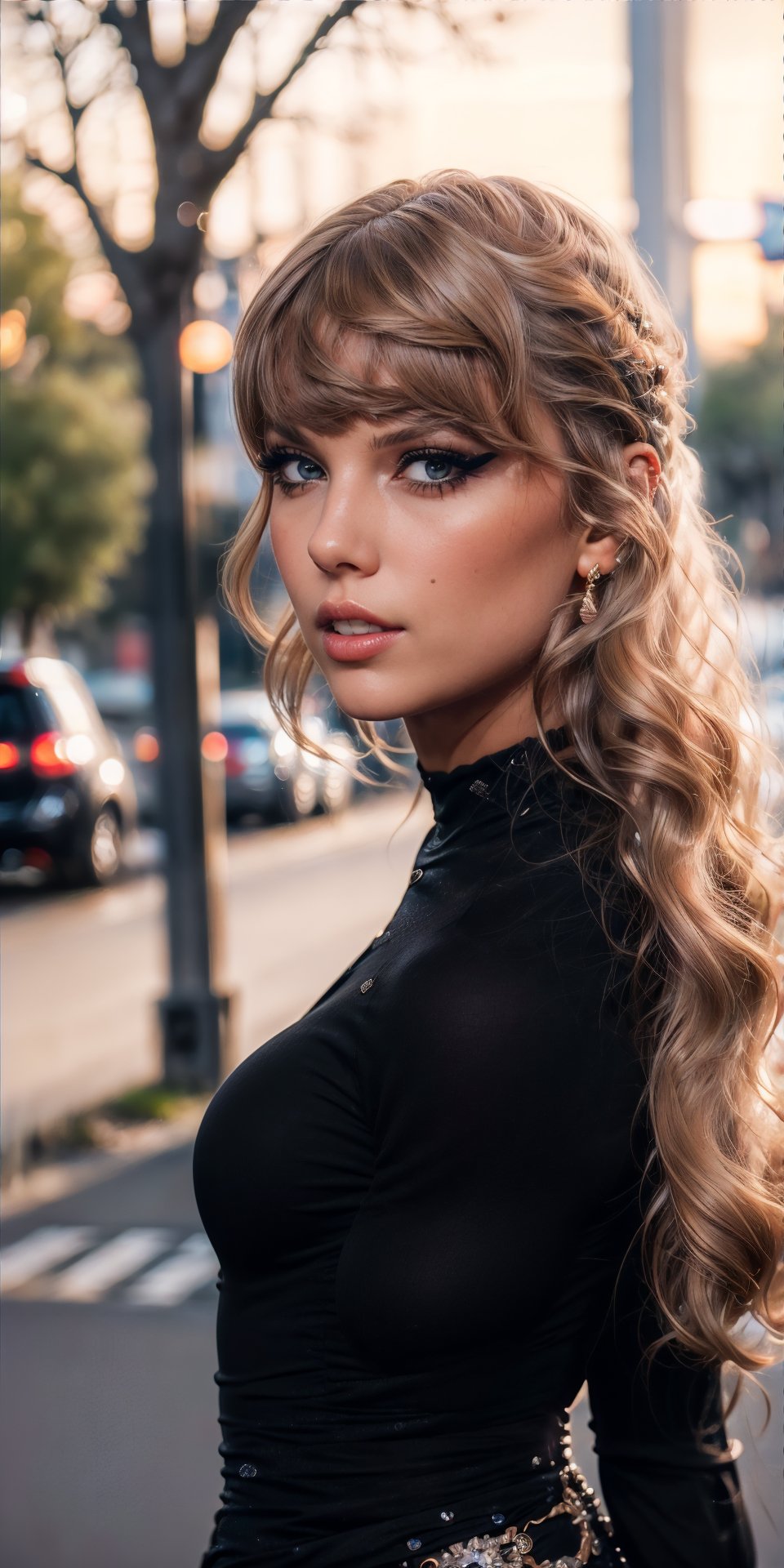 taylor1 a woman, (realistic), (hyperrealism), (photorealistic), depth of field, (upper body:1.2), (narrow waist), eye makeup, looking at the viewer, posing for a photo, black longsleeves, sunset, at the street, trees, 