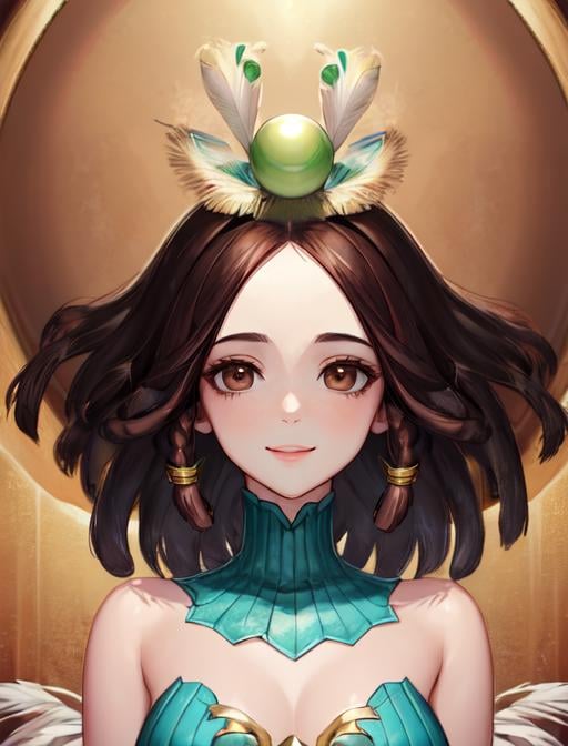 best quality, masterpiece, highres, detailed, digital artwork, <lora:Detail - add_detail:0.2>, AmaryllisDRS, gem, jade, dreadlock hair, thick hair, medium hair, brown eyes, feather ornament, forehead, mature woman, <lora:AmaryllisDRS-10:0.9>, hut, happy,