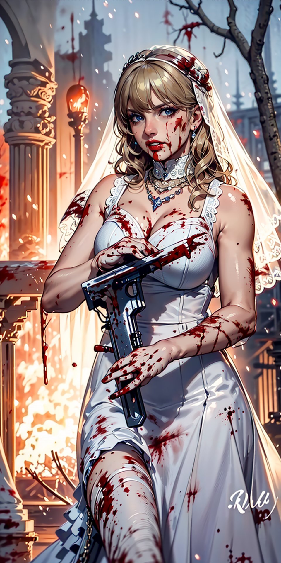 Best quality,masterpiece,ultra high res,1girl,gun,dress,blonde hair,veil,solo,jewelry,blood,necklace,blue eyes,blood on clothes,snow,bridal veil,wedding dress,tree,building,(covered in blood:1.7),fire,bride, Flame scene, Taylor1