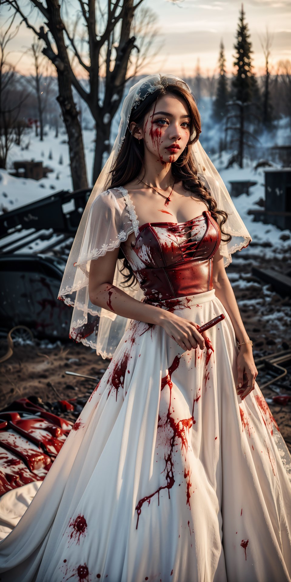 Best quality,masterpiece,ultra high res,1girl,gun,dress,blonde hair,veil,solo,jewelry,blood,necklace,blue eyes,blood on clothes,snow,bridal veil,wedding dress,tree,building,(covered in blood:1.7),fire,bride, Flame scene, Taylor1, CN GIRL5