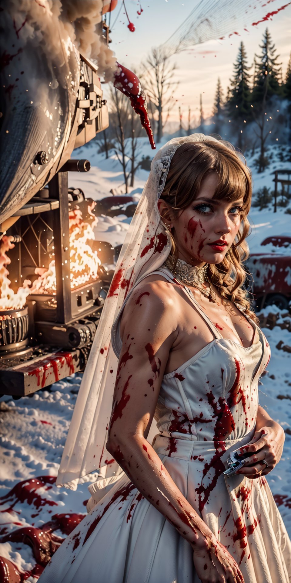 Best quality,masterpiece,ultra high res,1girl,gun,dress,blonde hair,veil,solo,jewelry,blood,necklace,blue eyes,blood on clothes,snow,bridal veil,wedding dress,tree,building,(covered in blood:1.7),fire,bride, Flame scene, Taylor1