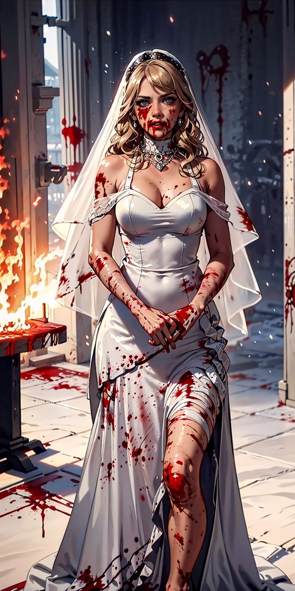 Best quality,masterpiece,ultra high res,1girl,gun,dress,blonde hair,veil,solo,jewelry,blood,necklace,blue eyes,blood on clothes,snow,bridal veil,wedding dress,tree,building,(covered in blood:1.7),fire,bride, Flame scene, Taylor1