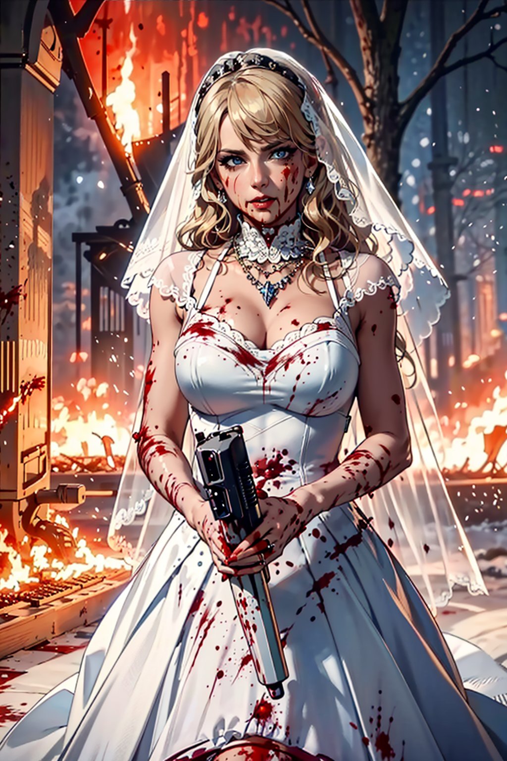 Best quality,masterpiece,ultra high res,1girl,gun,dress,blonde hair,veil,solo,jewelry,blood,necklace,blue eyes,blood on clothes,snow,bridal veil,wedding dress,tree,building,(covered in blood:1.7),fire,bride, Flame scene, Taylor1