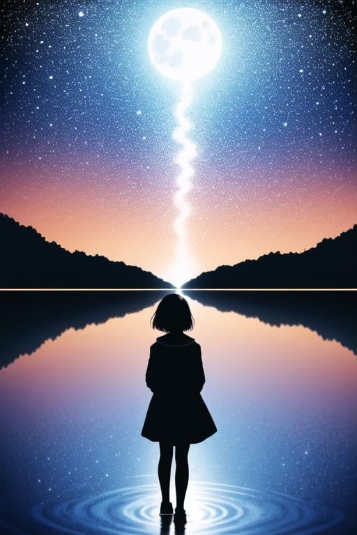 <lora:LCM_LoRA_Weights_SD15:1.0>1girl,facing away,fantasy,from behind,full moon,highres,lamppost,long hair,long sleeves,moon,night,night sky,original,outdoors,reflection,reflective water,scenery,short hair,silhouette,sky,solo,space,star sky,starry sky