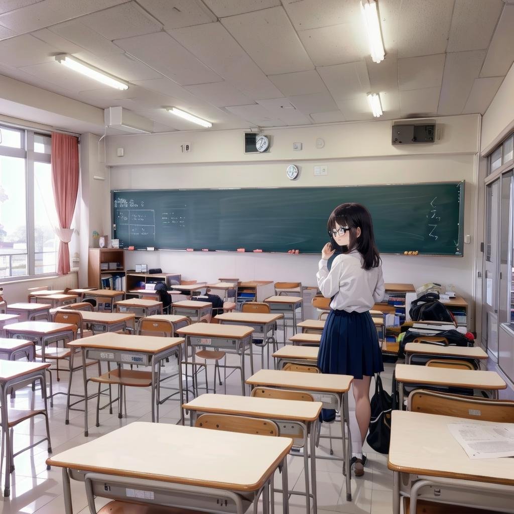 best quality, ultra-detailed, illustration,kyoshitsu, classroom, scenery, chalkboard, window, school, indoors, clock, sunlight, school desk, bulletin board, shade, curtains, school chair, ceiling light, shadow, artist name, book, ceiling, day, paper, from behind,1girl, glasses, black hair, long hair, black eyes, school uniform, blush, looking at viewer, standing, <lora:kyoshitsu_SD15_V3:0.8>