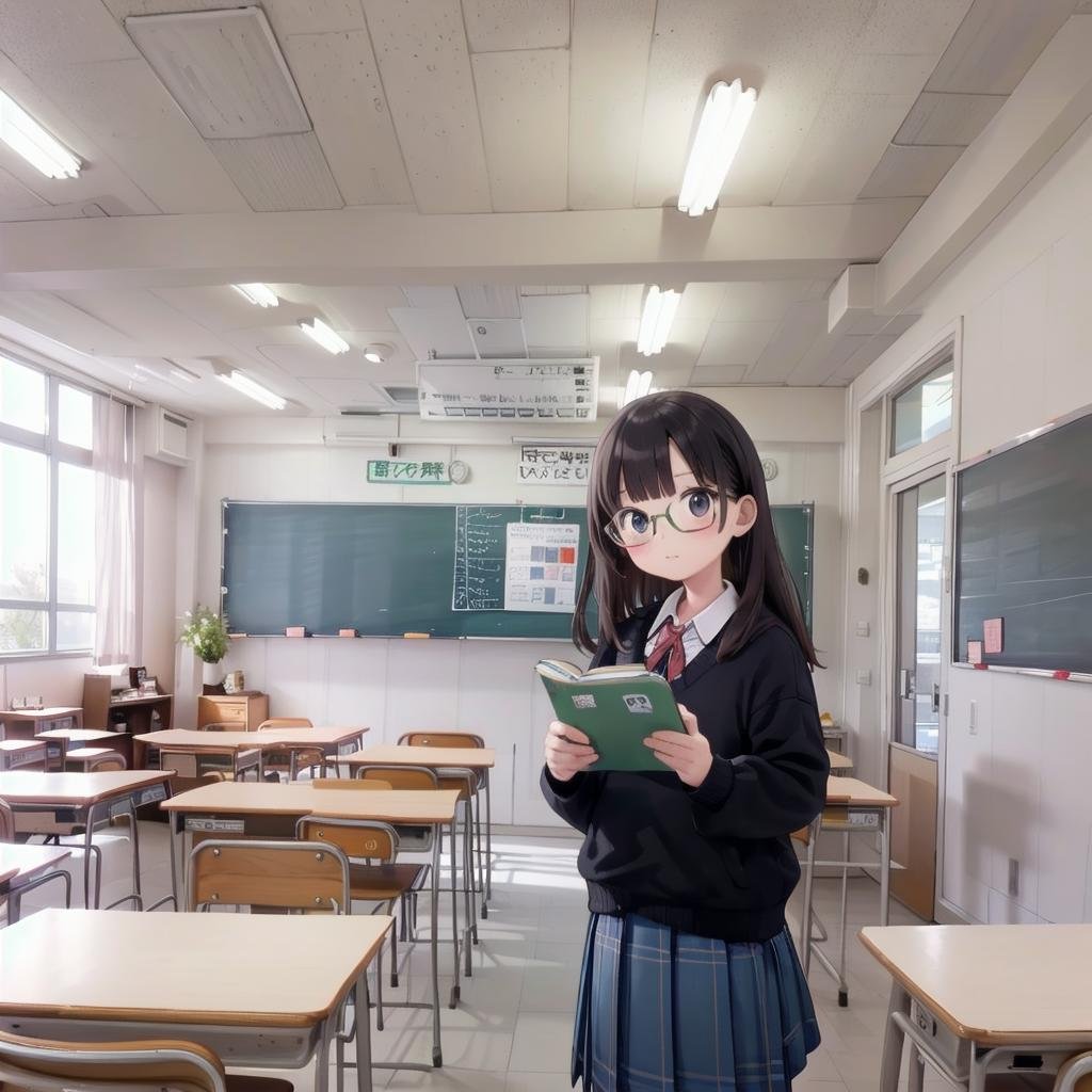 best quality, ultra-detailed, illustration,,1girl, glasses, black hair, long hair, black eyes, school uniform, blush, looking at viewer, standing,kyoshitsu, classroom, scenery, chalkboard, window, school, indoors, clock, sunlight, school desk, bulletin board, shade, curtains, school chair, ceiling light, shadow, artist name, book, ceiling, day, paper,  <lora:kyoshitsu_SD15_V3:0.8>