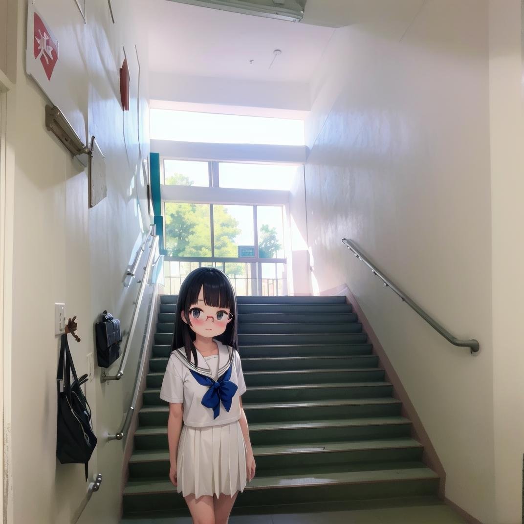 best quality, ultra-detailed, illustration,kaidan, stairs, scenery, window, railing, industrial pipe, door, day, indoors, sunlight, shadow, school, outdoors, hallway,1girl, glasses, black hair, long hair, black eyes, school uniform, blush, looking at viewer, standing,<lora:Kaidan_school_SD15_V4:1>