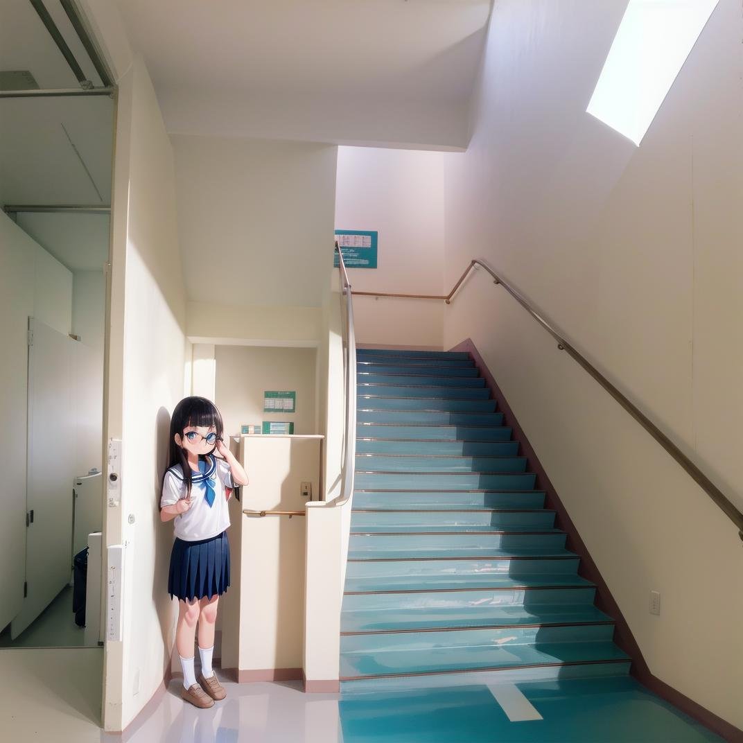 best quality, ultra-detailed, illustration,kaidan, stairs, scenery, window, railing, industrial pipe, door, day, indoors, sunlight, shadow, school, outdoors, hallway, 1girl, glasses, black hair, long hair, black eyes, school uniform, blush, looking at viewer, standing, <lora:Kaidan_school_SD15_V4:1>