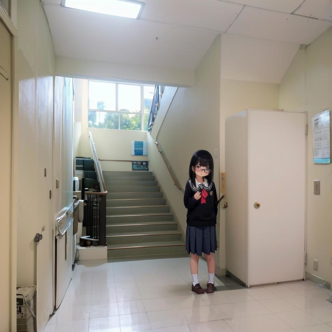 best quality, ultra-detailed, illustration,kaidan, stairs, hallway, indoors, ceiling light, door, light, light rays, sunlight, window, 1girl, glasses, black hair, long hair, black eyes, school uniform, blush, looking at viewer, standing, <lora:Kaidan_school_SD15_V4:1>