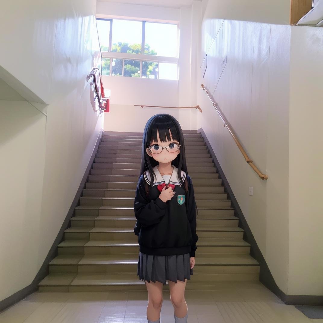 best quality, ultra-detailed, illustration,1girl, glasses, black hair, long hair, black eyes, school uniform, blush, looking at viewer, standing,kaidan, stairs, scenery, window, realistic, photo background, photo (medium) <lora:Kaidan_school_SD15_V4:1>