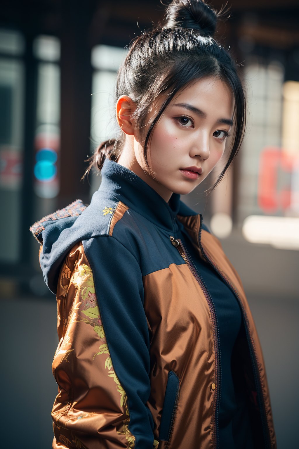 portrait of cute chinese woman,  bun hair,  glare pose,  jacket,  detailed,  intricate,  full of colour,  cinematic lighting,  focused,  extreme details,  (dirt on skin)