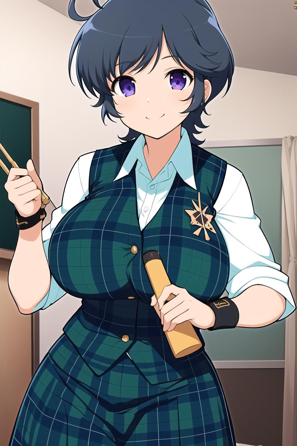 (masterpiece, best quality), highly detailed background, perfect lightingbest quality, chiyoSK, indoors, black hair, ahoge, short hair, purple eyes, large breasts, vest, wristband, <lora:GoodHands-vanilla:1>, skirt, plaid, plaid skirt, school uniform, smile, closed mouth, <lora:Chiyo_Senran-Kagura:0.7>