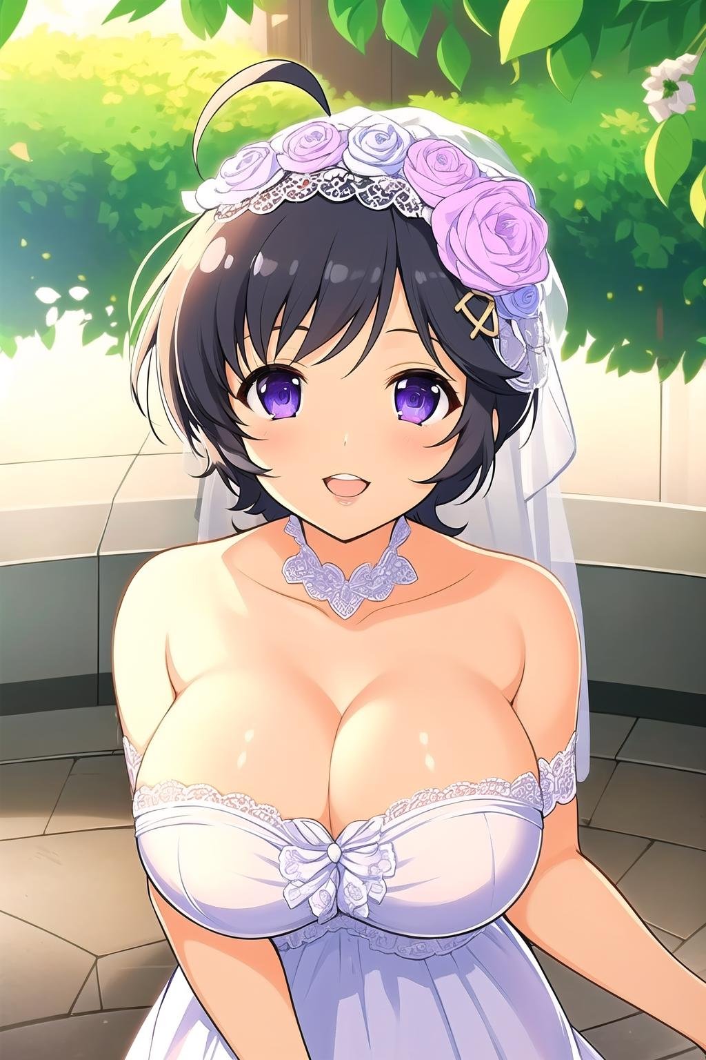 (masterpiece, best quality), highly detailed background, perfect lightingbest quality, chiyoSK, outdoors, bridal veil, black hair, hair flower, hair ornament, ahoge, short hair, purple eyes, large breasts, white dress, wedding dress, cleavage, <lora:GoodHands-vanilla:1>, smile, open mouth, parted lips, <lora:Chiyo_Senran-Kagura:0.7>