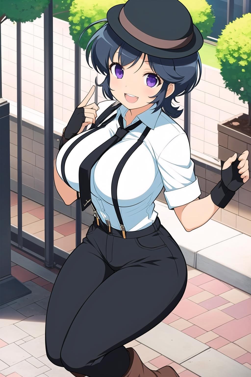 (masterpiece, best quality), highly detailed background, perfect lightingbest quality, chiyoSK, outdoors, hat, black headwear, black hair, short hair, purple eyes, large breasts, white shirt, suspenders, necktie, <lora:GoodHands-vanilla:1>, fingerless gloves, gloves, black pants, pants, boots, smile, open mouth, <lora:Chiyo_Senran-Kagura:0.7>