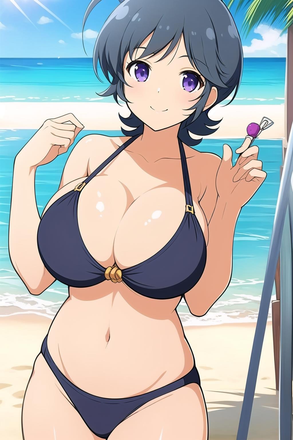 (masterpiece, best quality), highly detailed background, perfect lightingbest quality, chiyoSK, outdoors, beach, black hair, ahoge, short hair, purple eyes, large breasts, blue bikini, <lora:GoodHands-vanilla:1>, swimsuit, smile, closed mouth, <lora:Chiyo_Senran-Kagura:0.7>