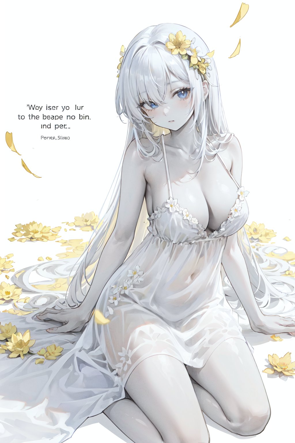  1girl, blue eyes, white long translucent night gown, expressionless, (white hair), hair cover one eye, long hair, yellow hair flower, kneeling on lake, blood, (plenty of yellow petals:1.35), (white background:1.5), (English text), greyscale, monochrome, greyscale, monochrome, sketch, haoche,large_breasts