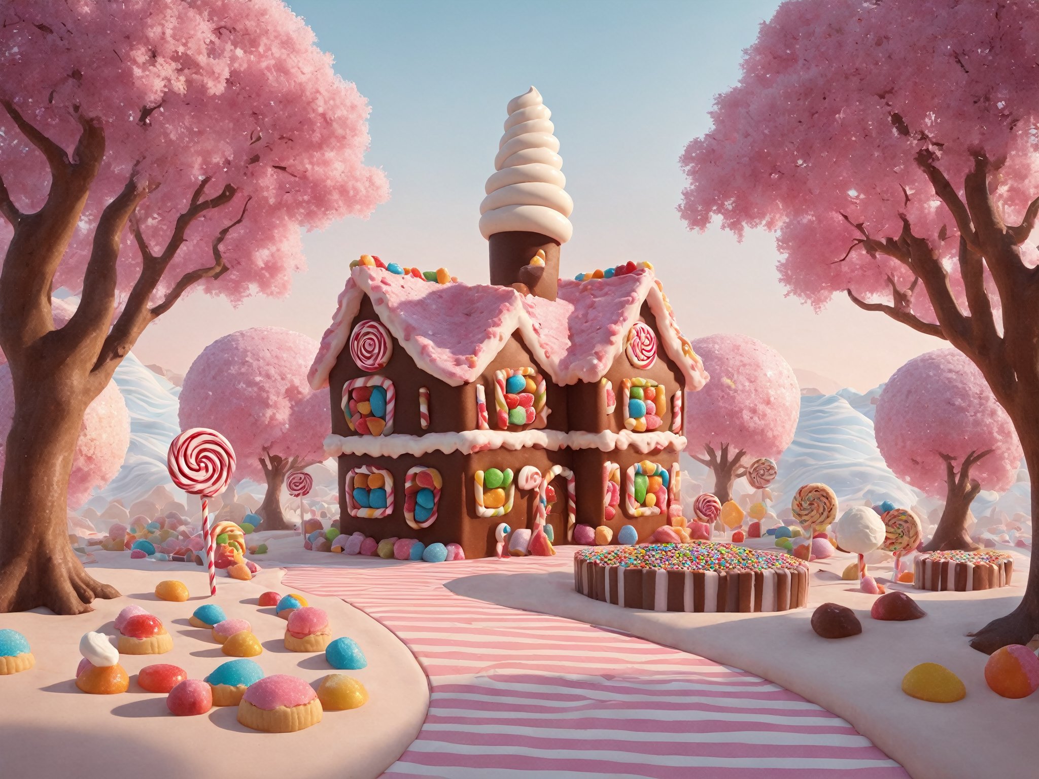 (masterpiece,  best quality:1.3),  8k,  top quality,  sweetscape,  full background,  candy house,  wafer,  door,  no humans,  cinematic lighting, strong contrast, high level of detail,  spiral tower,  piping,  particles,  gummy tree,  marshmallow,  cobblestone,  plant,  grass,  hyperrealistic,  cherry blossom tree,  otherworldly,  outdoors,  (extremely high-resolution details),  wafer,  bare tree,  seeds,  lollipop tree,  sugar,  ice cream mound,  sugar cookie,  gumball machine,  striped,  bare tree. shadow,  star,  soft serve,  butterfly,  gradient, sweetscape,<lora:EMS-169676-EMS:0.800000>