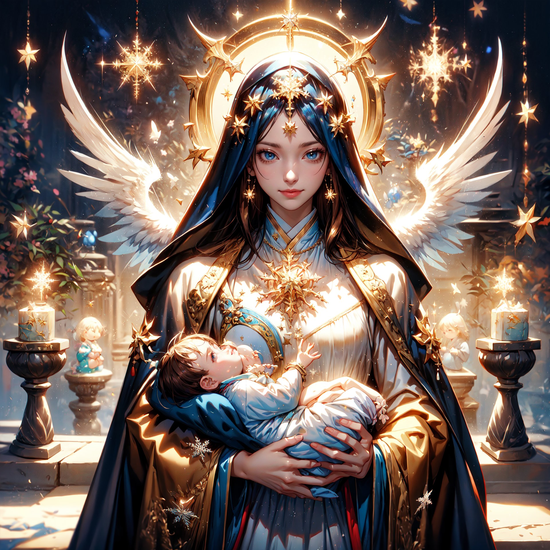 Highly detailed, High resolution scan, Unreal engine, Professional, 64K, UHD, HDR, Movie Poster, Ansel Adams
snowflake, Virgin Mary, Hold a baby in one's hand, archangel, Christmas tree, holy light, ,1girl, Japanese girl, BFMother