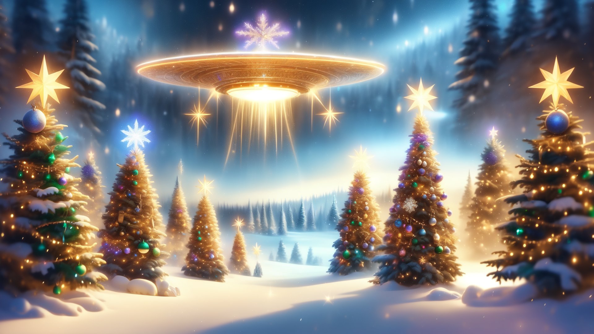 A surreal winter scene with snowflakes softly falling from the sky, encircled by Christmas trees each topped with a golden five-pointed star. In this magical setting, a historical figure, Jesus, walks through the snow, depicted with an aura of snowflake-shaped rays of light emanating from his head, symbolizing a divine presence. In the sky above, angels and a UFO coexist, with the UFO emitting a dazzling light, adding a fantastical and intriguing element to the scene. The Christmas trees, adorned with festive lights and ornaments, enhance the mystical atmosphere. The background showcases a tranquil winter landscape, illuminated by a gentle, otherworldly glow, creating a serene and majestic ambiance.