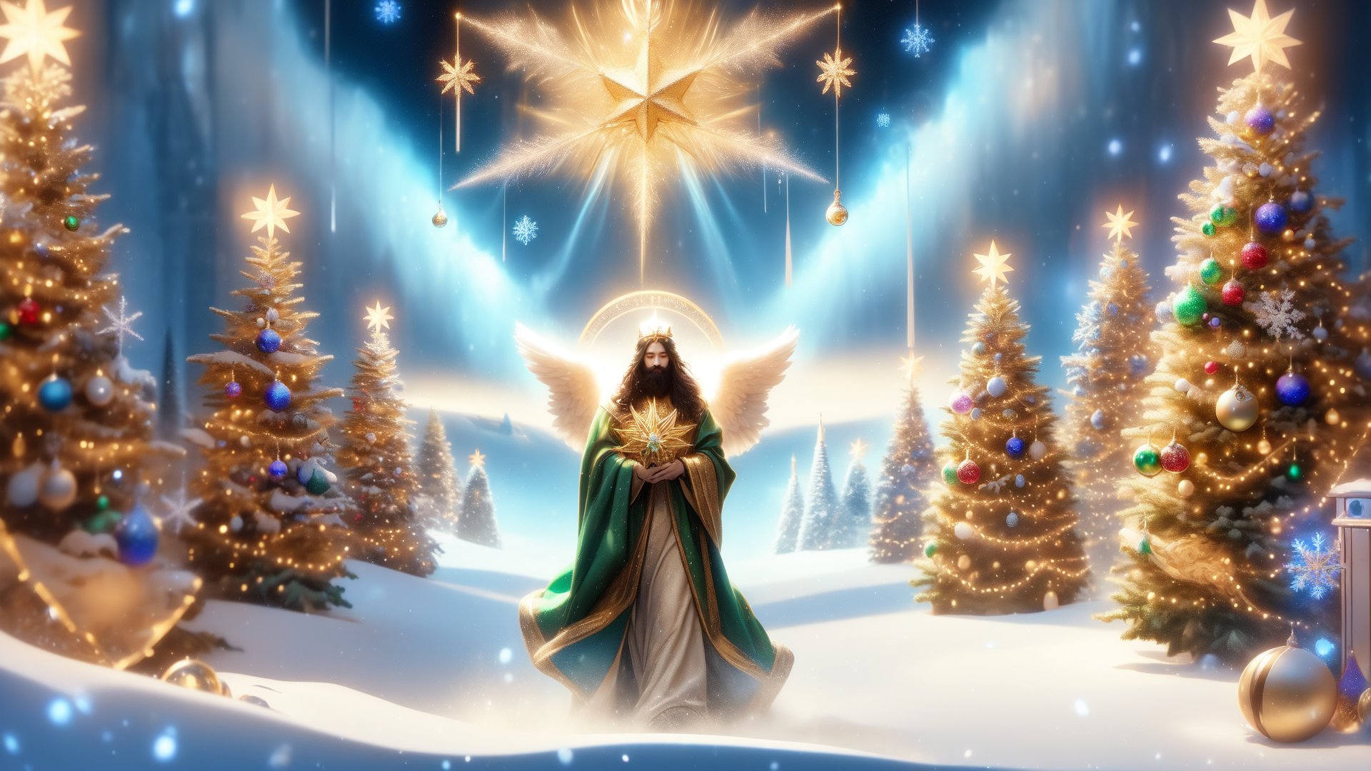 A surreal winter scene with snowflakes softly falling from the sky, encircled by Christmas trees each topped with a golden five-pointed star. In this magical setting, a historical figure, Jesus, walks through the snow, depicted with an aura of snowflake-shaped rays of light emanating from his head, symbolizing a divine presence. In the sky above, angels and a UFO coexist, with the UFO emitting a dazzling light, adding a fantastical and intriguing element to the scene. The Christmas trees, adorned with festive lights and ornaments, enhance the mystical atmosphere. The background showcases a tranquil winter landscape, illuminated by a gentle, otherworldly glow, creating a serene and majestic ambiance.