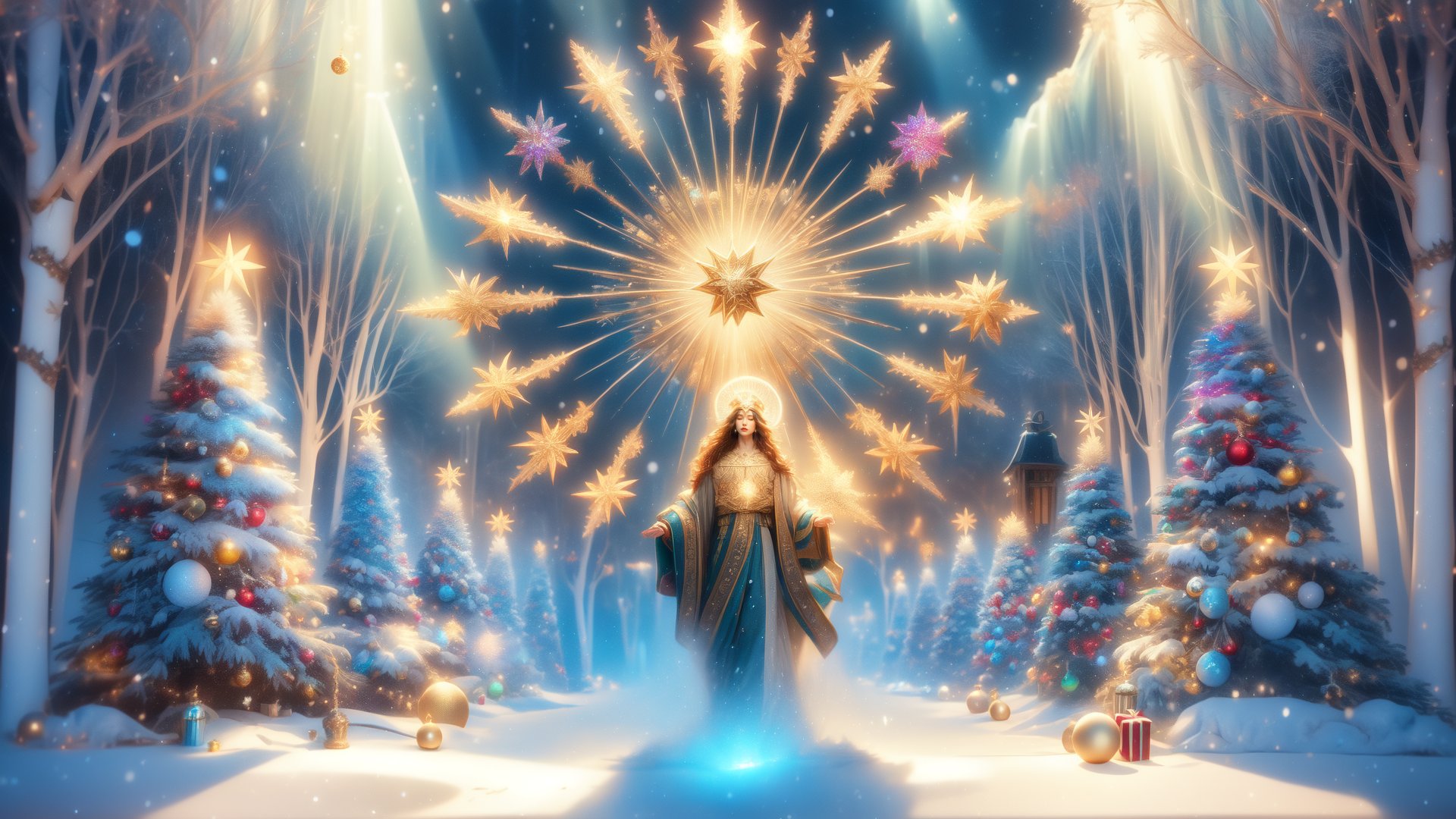 Highly detailed, High resolution scan, Unreal engine, Professional, 64K, UHD, HDR, Movie Poster, Ansel Adams,
A surreal winter scene with snowflakes softly falling from the sky, encircled by Christmas trees each topped with a golden five-pointed star. In this magical setting, a historical figure, Jesus, walks through the snow, depicted with an aura of snowflake-shaped rays of light emanating from his head, symbolizing a divine presence. In the sky above, angels and a UFO coexist, with the UFO emitting a dazzling light, adding a fantastical and intriguing element to the scene. The Christmas trees, adorned with festive lights and ornaments, enhance the mystical atmosphere. The background showcases a tranquil winter landscape, illuminated by a gentle, otherworldly glow, creating a serene and majestic ambiance.