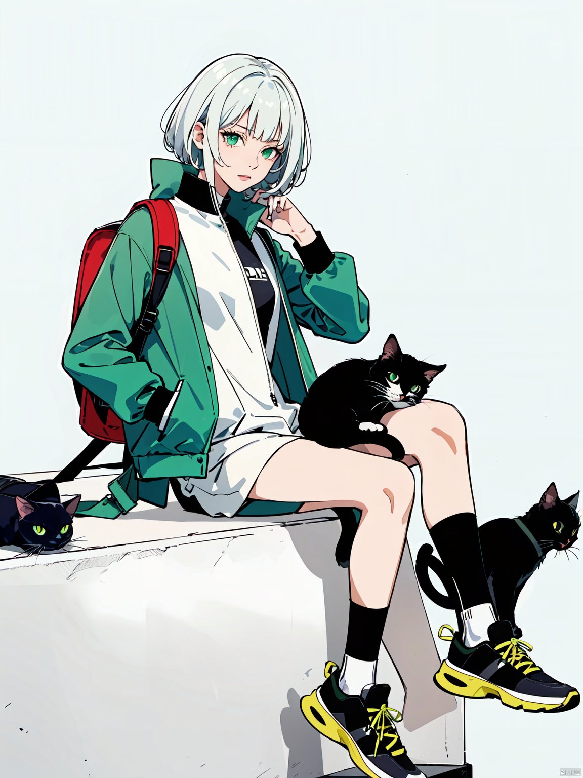  1girl, cat, green eyes, black cat, shoes, white hair, backpack, socks, looking at viewer, jacket, solo, sitting, sneakers, bag, bangs, green jacket, medium hair, animal, green theme, crossed legs, green socks, shirt