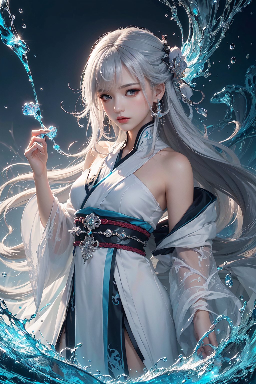 (masterpiece, top quality, best quality, official art, beautiful and aesthetic:1.2), (1girl:1.2), cute, extreme detailed,(abstract:1.4, fractal art:1.3),(silver_hair:1.1), fate \(series\), colorful,highest detailed, fire, ice, lightning, (splash_art:1.2), jewelry:1.4, hanfu, scenery, ink