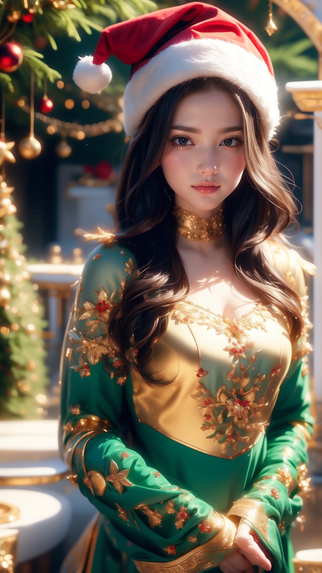 ultra realistic, best quality, cinematic, ultra detailed picture of beautiful cute friendly female wearing an intricate form-fitting green-gold christmas outfit with glowing fractal elements, village, outdoors, winter, sharp focus, work of beauty and complexity invoking a sense of magic and fantasy, 8k UHD, colorful aura, glowing, upper body, small breasts, santa hat, (((closeup))),1GIRL,young girl,Christmas Room,Santa Claus,1 girl