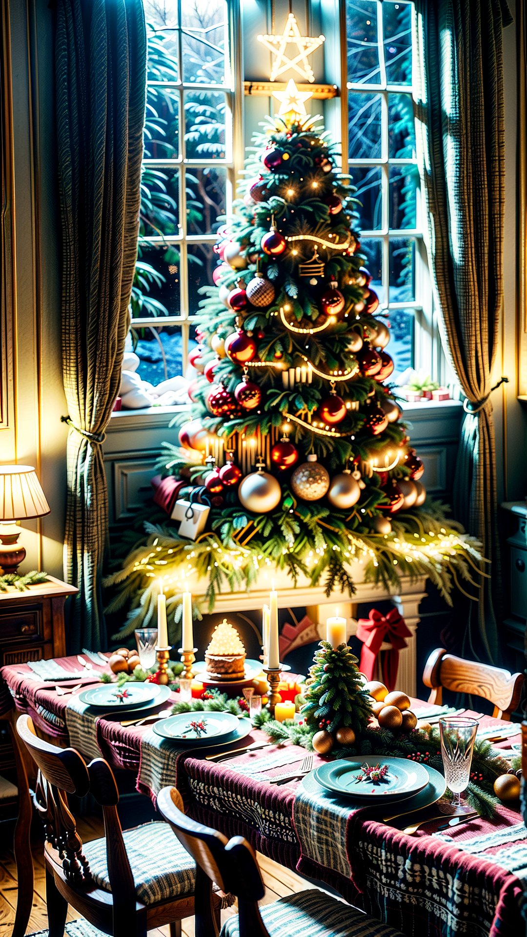 Christmas-themed room, The room is adorned with holiday decorations, creating a warm and inviting atmosphere. The dining table is the centerpiece, covered with a colorful tablecloth and laden with an array of Christmas foods, including a roast, various pies, and seasonal fruits. The highlight on the table is a large, artistically decorated Christmas tree-shaped cake. In the background, a beautifully decorated Christmas tree is illuminated with strings of lights, adding to the festive ambiance. Outside the window, the scene is enchanting with unique snowflake patterns gently falling, creating a picturesque winter wonderland. The overall scene encapsulates the joy and warmth of the Christmas season.,Santa Claus