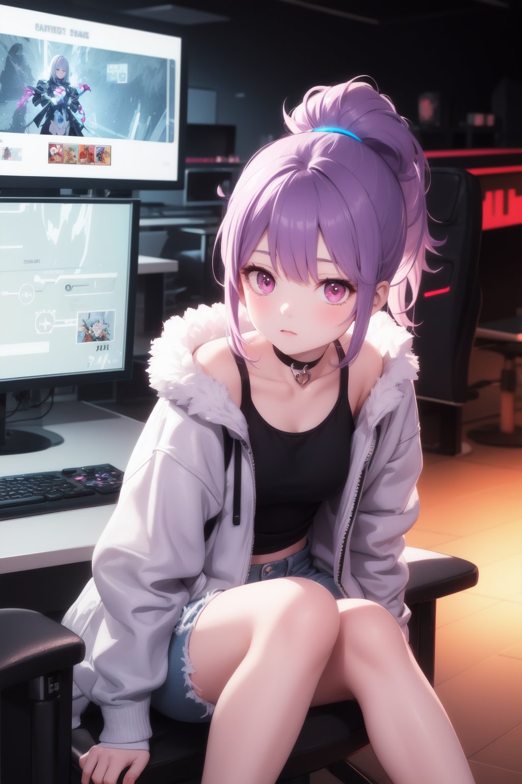 masterpiece, best quality, 1girl, ponytail, hair pin, white fur trimmed jacket, denim shorts, dark purple hair, pink eyes, futuristic, neon light, gaming room, sitting, looking at viewer, close view, choker