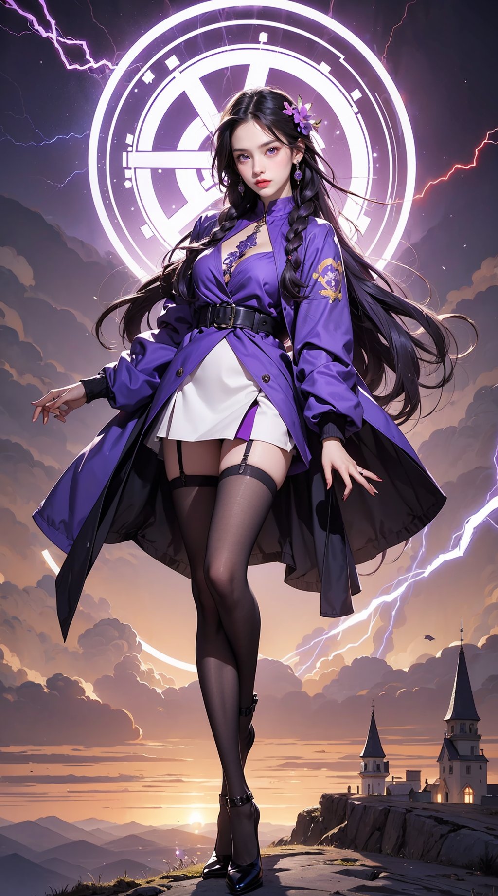  1girl,urple hair, purple eyes, glowing eyes, electricity,Silk stockings, jackets, lightning, Short skirt,Artifacts,purple magic, aura, full body,magic circle, braids,very long hair,hair flowe,tarry sky , mz-hd,ll-hd