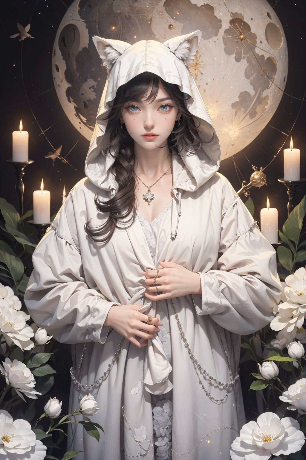 Masterpiece, illustration, 8K wallpaper, super detailed, upper body, 1 girl, white field, holding a flower (surrounded by 3 wolves: 1.2), animal, skull, flower, solo, gray eyes, looking at the audience, white hair, white flowers, white grass, parted lips, dress, jewelry, moon, ring, long hair, bangs, long sleeves, necklace, new moon, glowing, white hooded robe, standing, hair accessories, planet, The hair between the eyes,

