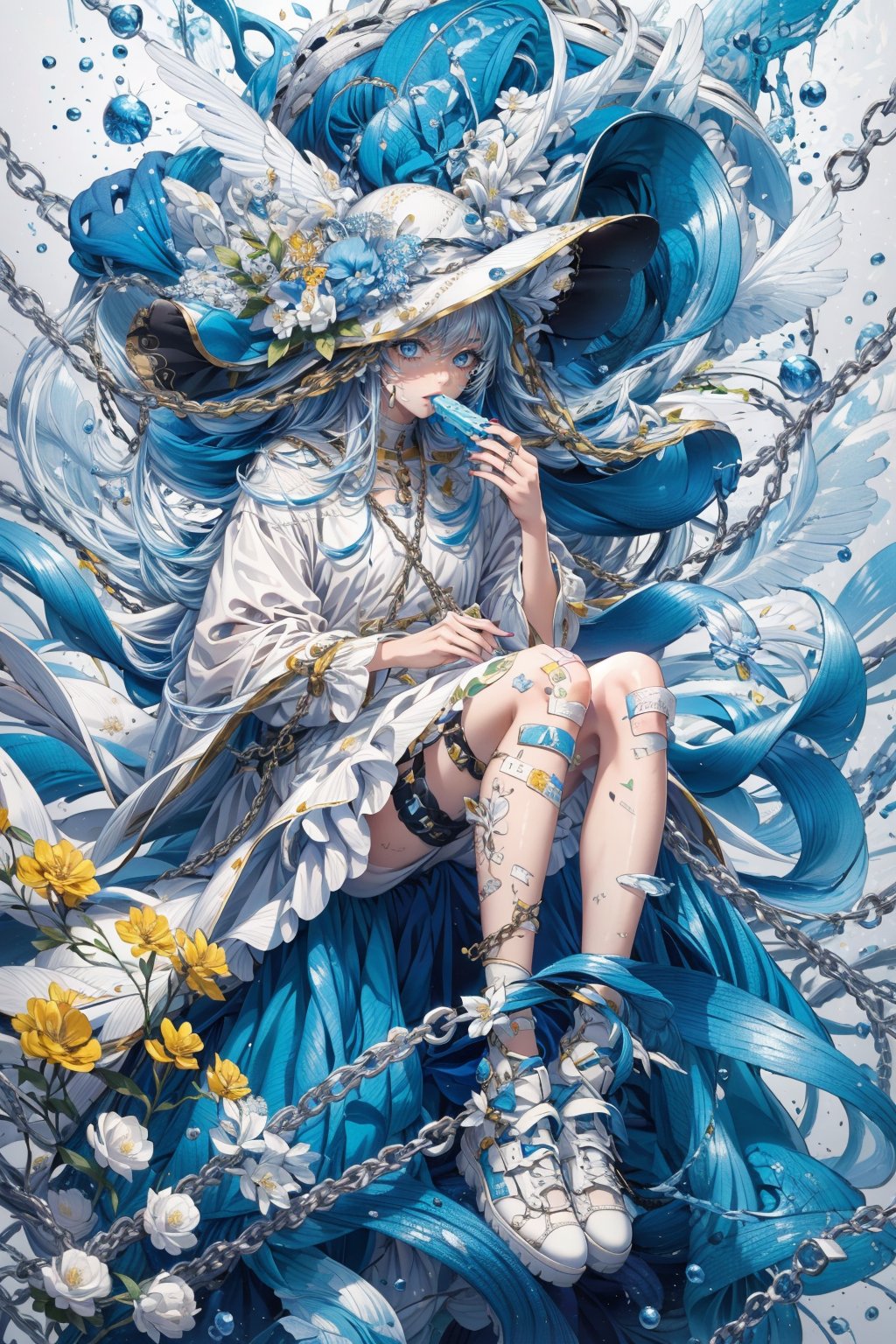  Masterpiece, illustration, 8K wallpaper, super detailed, upper body, 1 girl, white field, blue eyes, blue nails, flower, food, bandaid, blue hair, multicolored hair, hat, chain leash, white dress, popsicle, dress, white footwear, bandaid on arm, leash, solo, white headwear, dog, blue flower, bandaid on leg, sitting, white hair, chain, long hair, holding food, nail polish, holding, hat flower, shoes, sun hat, two-tone hair, looking at viewer, bandaid on hand